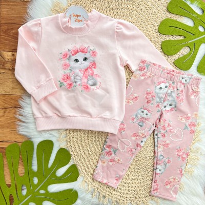 Conj. Casaco Gola Alta Gatinha com Lacinhos e Calça Legging - Rosa